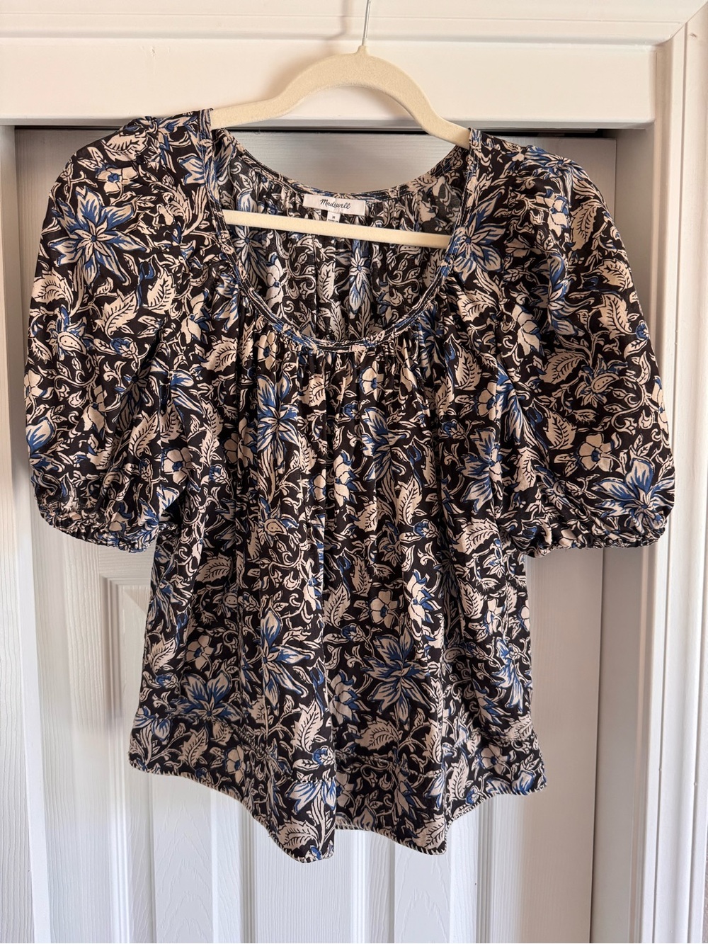 Madewell Black & Blue Floral Puff-Sleeve Blouse